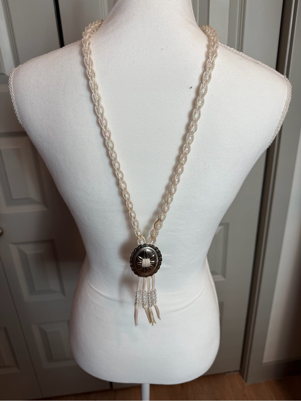Beaded Tassel Statement Necklace - Cream with Silver Concho